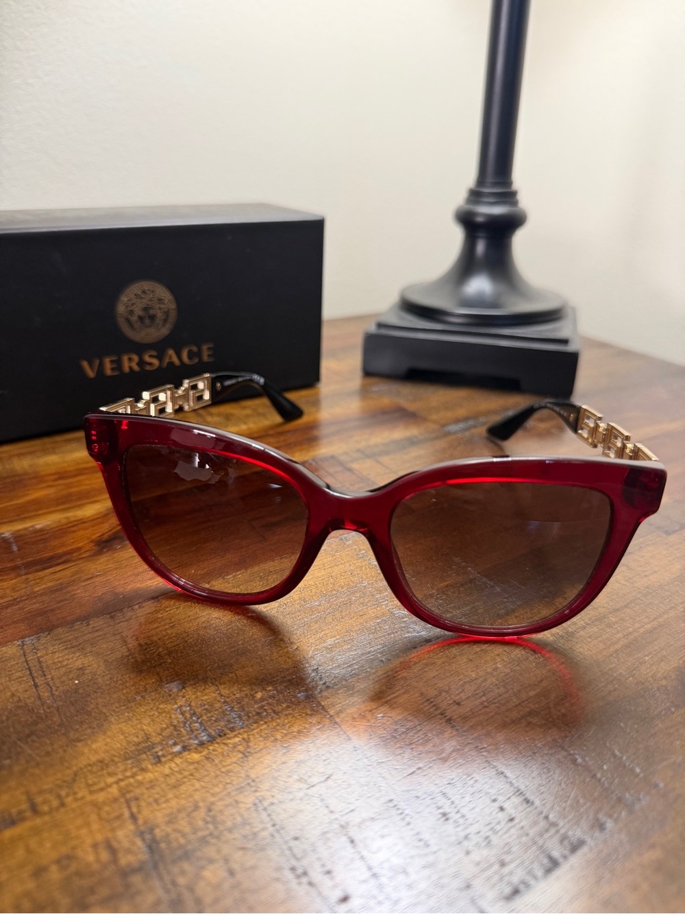 Versace Burgundy Cat-Eye Sunglasses with Gold Chain Temples